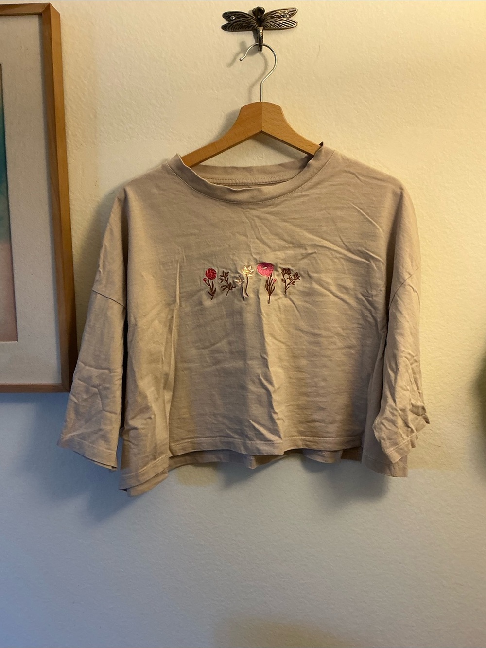 Cotton On Beige Cropped Sweatshirt with Pink & Red Floral Embroidery